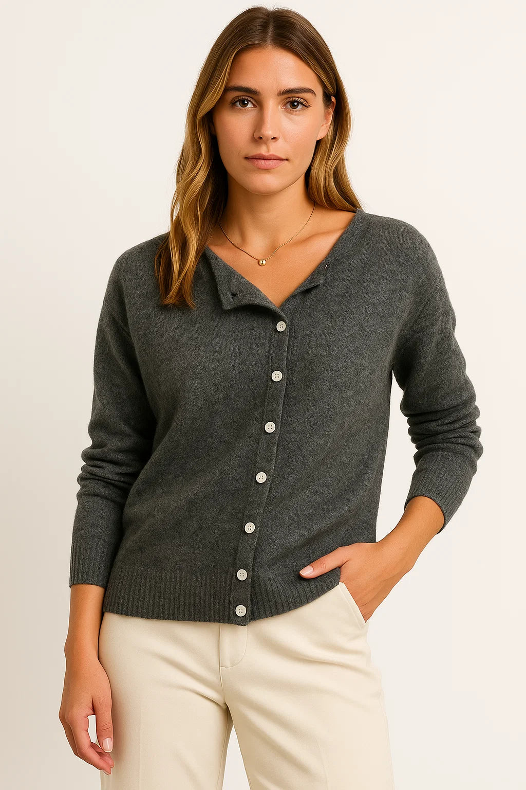 Womens Pullover Gray Cashmere Asymmetrical Button Detail Loose Fit Elegant Casual 1