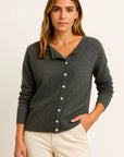 Womens Pullover Gray Cashmere Asymmetrical Button Detail Loose Fit Elegant Casual 1