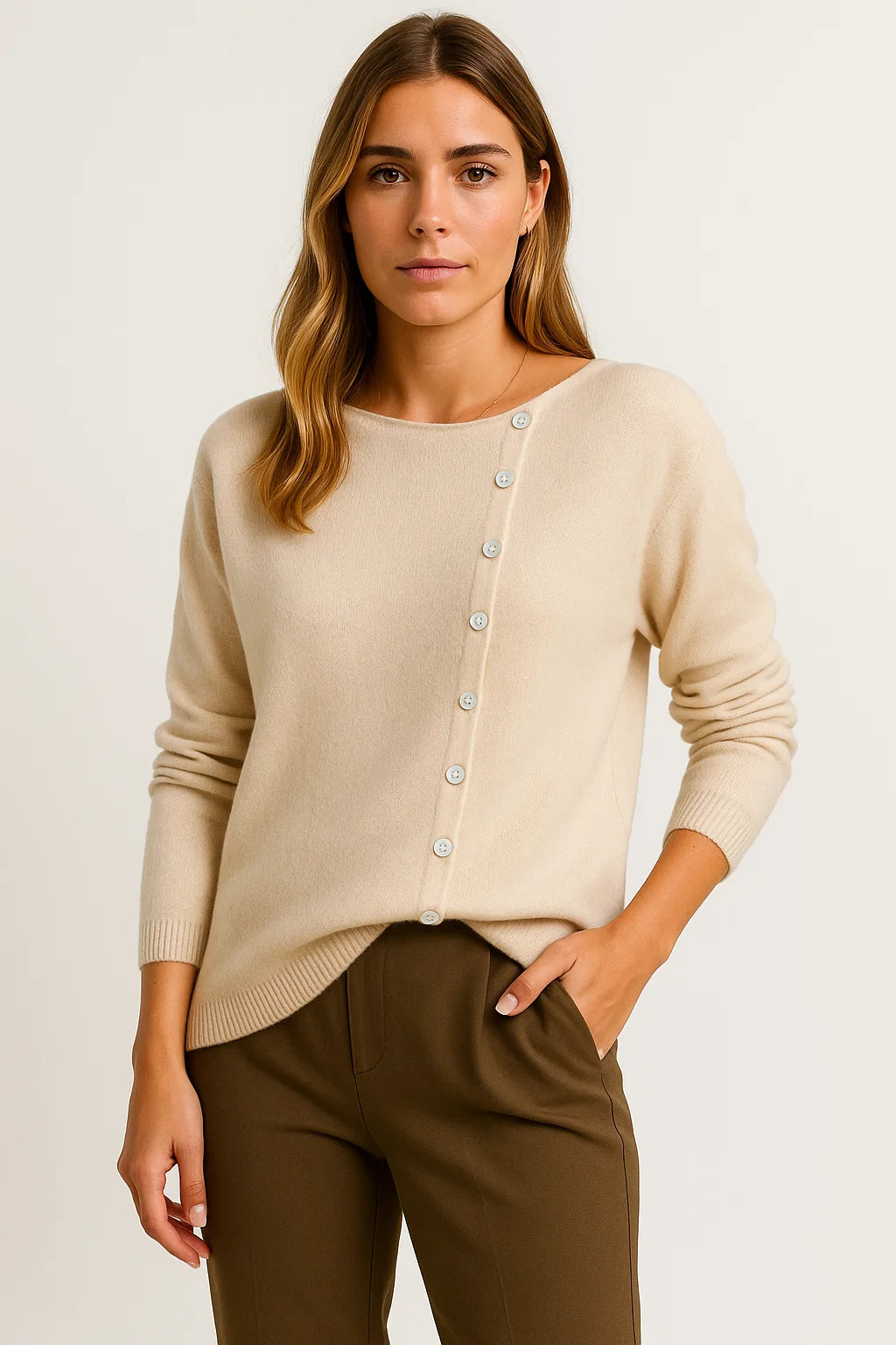 Womens Pullover Gray Cashmere Asymmetrical Button Detail Loose Fit Elegant Casual 2