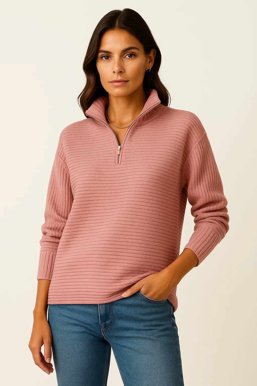 Women's Half Zip Pullover Sweater, Elegant V-Neck Jumper in Black Viscose Elastane for Casual and Formal Wear 2
