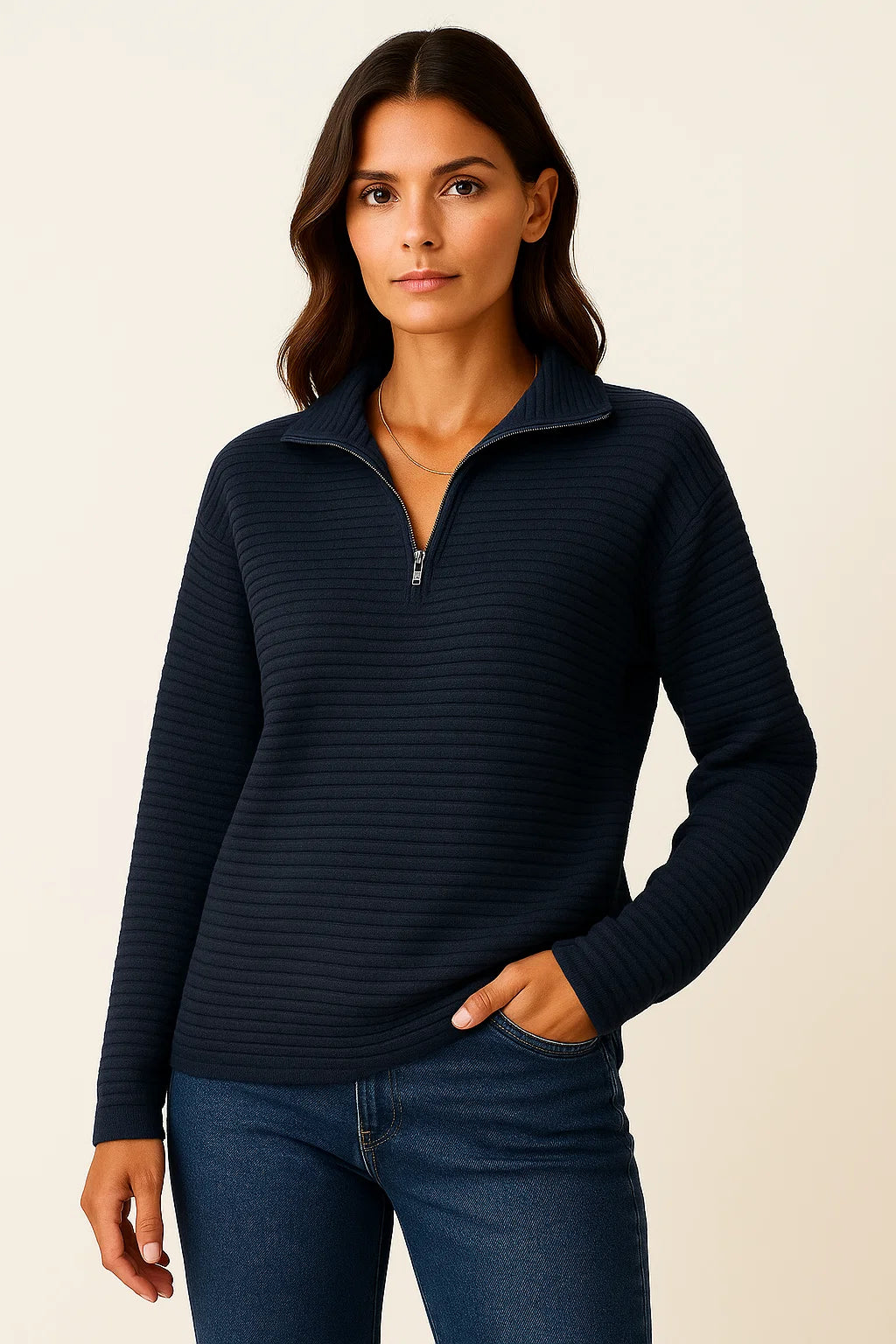 Women's Half Zip Pullover Sweater, Elegant V-Neck Jumper in Black Viscose Elastane for Casual and Formal Wear 6