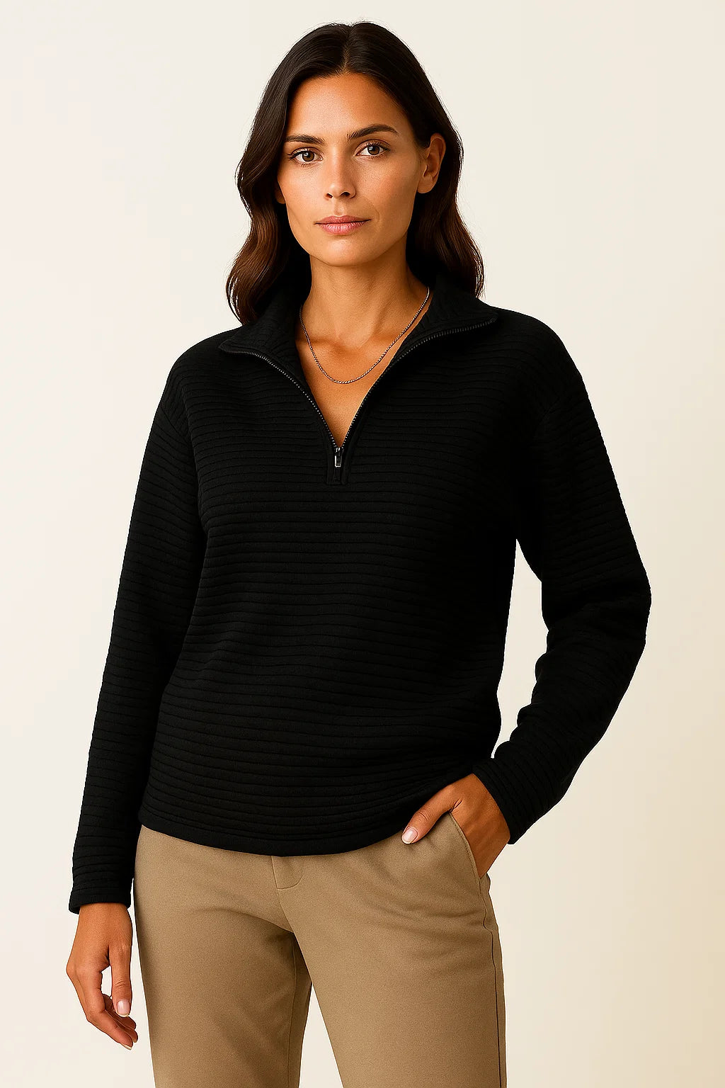 Women's Half Zip Pullover Sweater, Elegant V-Neck Jumper in Black Viscose Elastane for Casual and Formal Wear 4