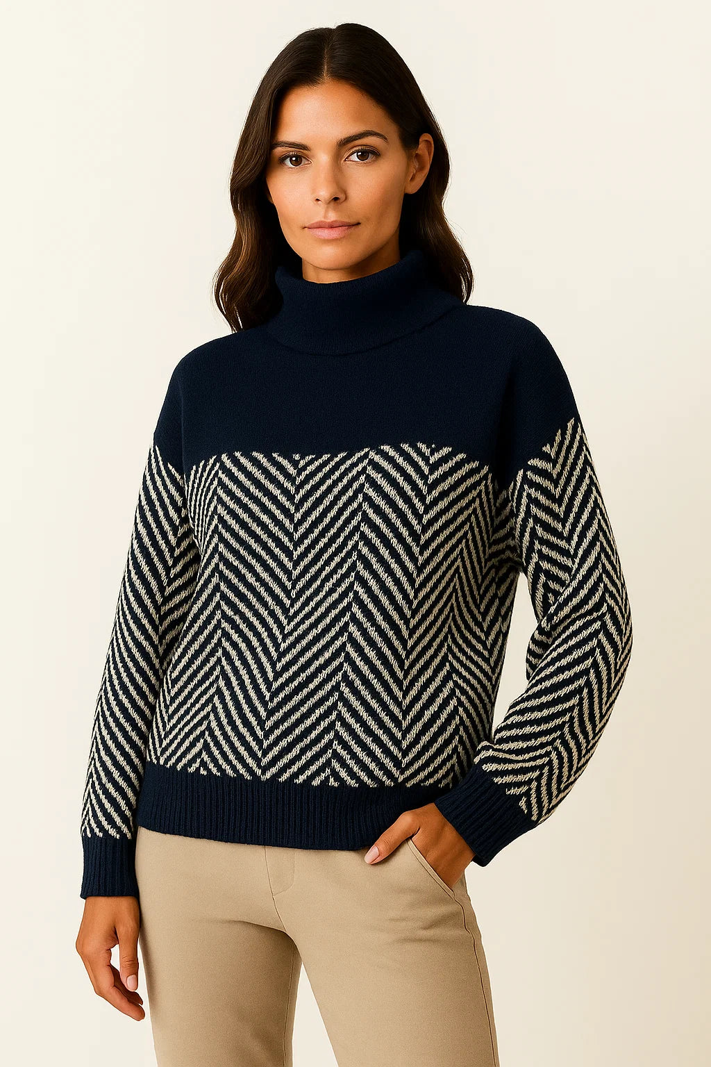 Womens Turtleneck Sweater Beige Wool Comfortable Timeless Design Relaxed Fit 1