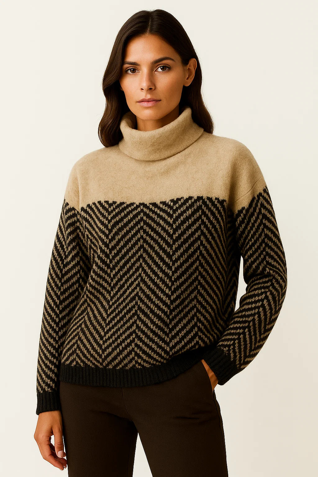 Womens Turtleneck Sweater Beige Wool Comfortable Timeless Design Relaxed Fit 2
