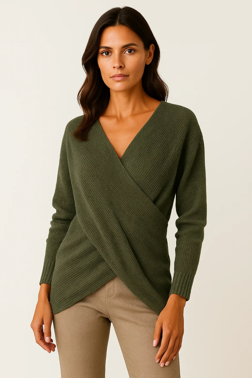 Womens Sweater Beige High Neck Cable Knit Soft Relaxed Fit for Autumn and Winter 1