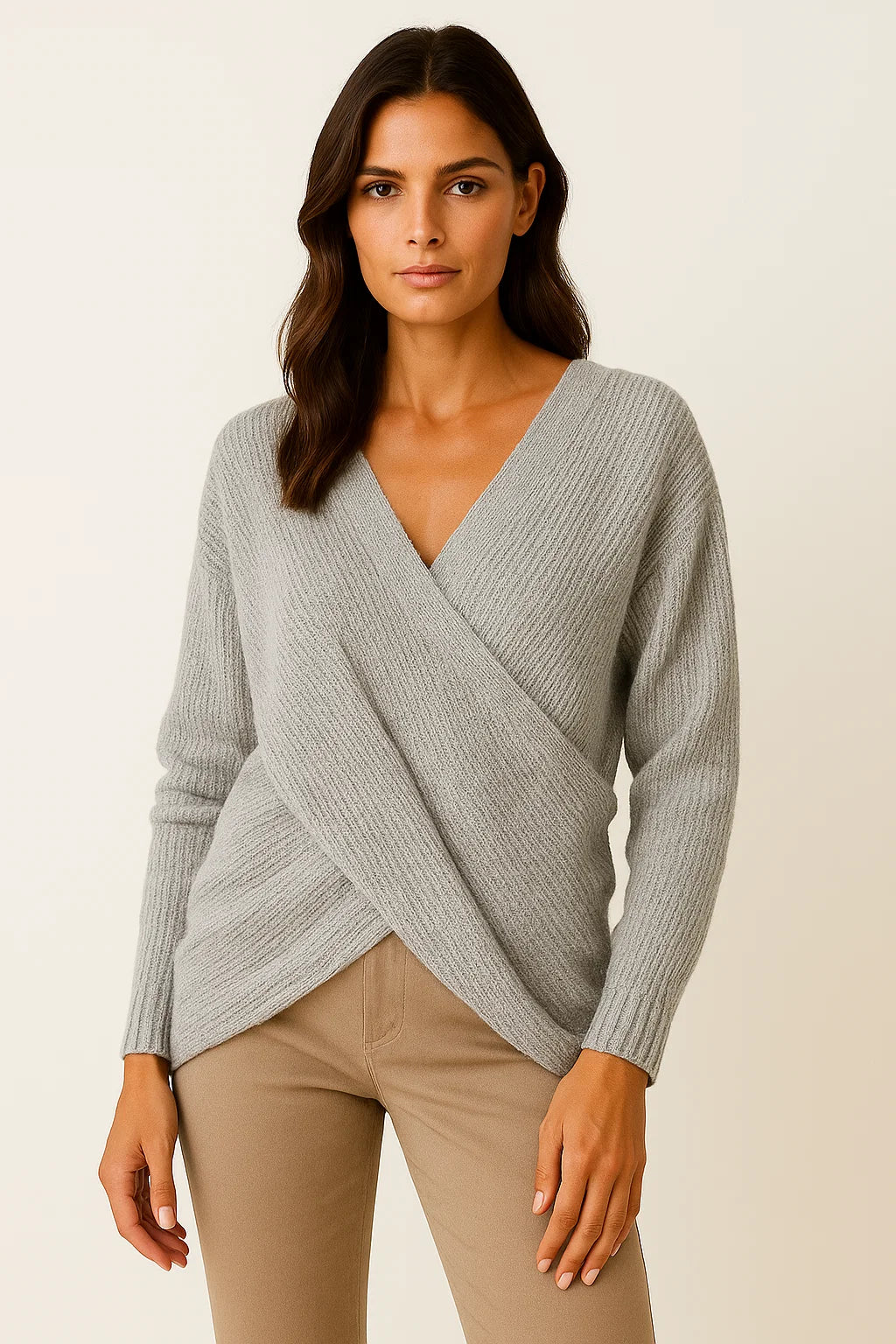 Womens Sweater Beige High Neck Cable Knit Soft Relaxed Fit for Autumn and Winter 3