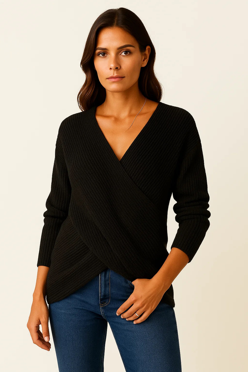 Womens Sweater Beige High Neck Cable Knit Soft Relaxed Fit for Autumn and Winter 2