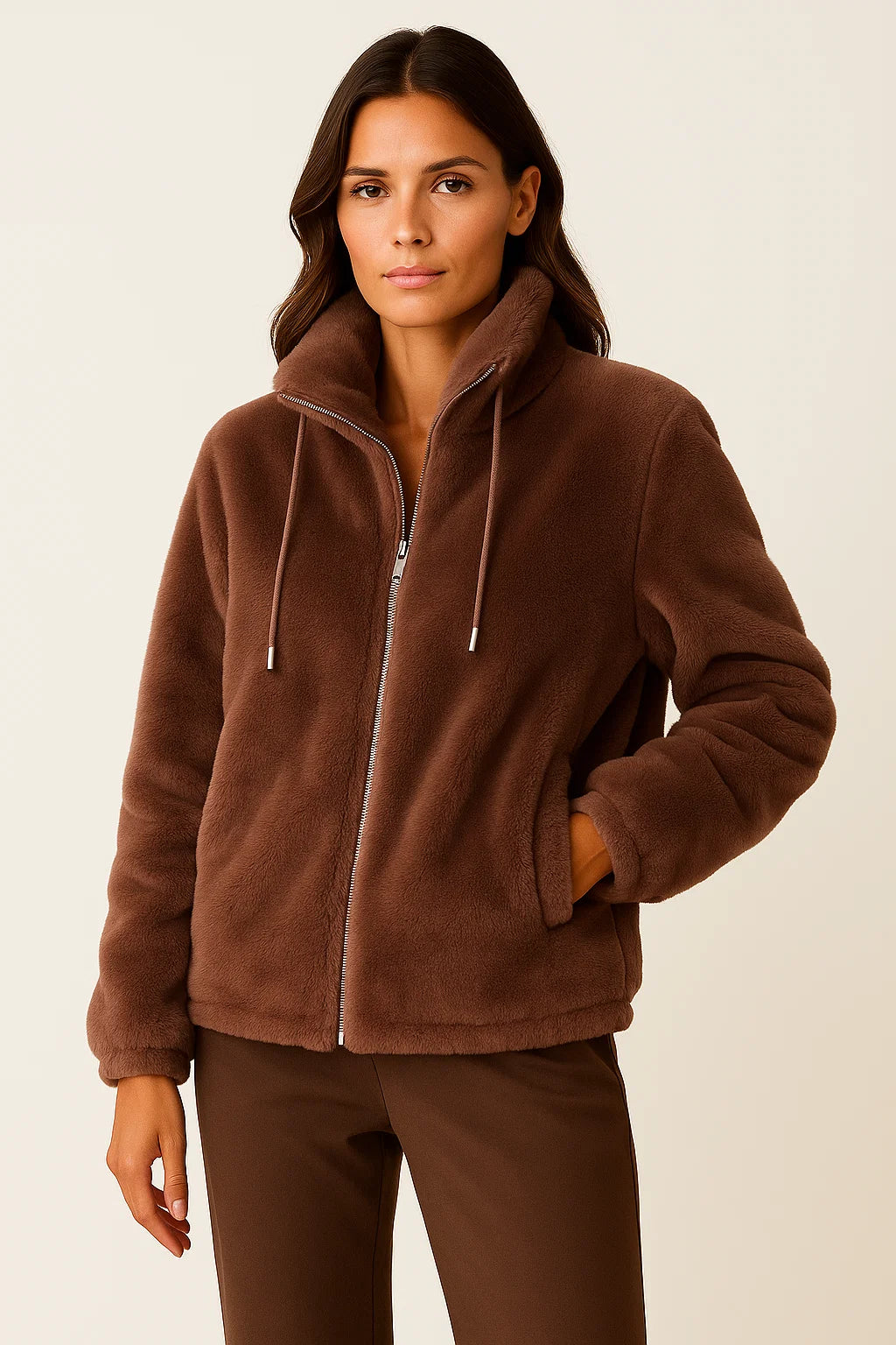 Winter Jacket Women Khaki Soft Teddy Material Casual Long Sleeves With Zipper 2