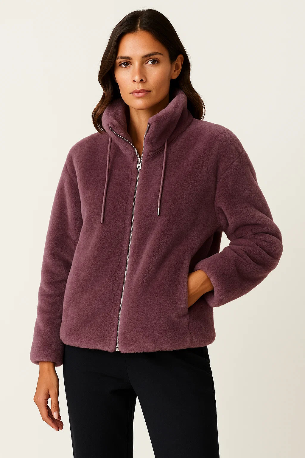 Winter Jacket Women Khaki Soft Teddy Material Casual Long Sleeves With Zipper 3