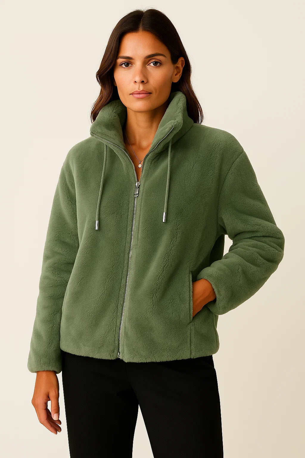 Winter Jacket Women Khaki Soft Teddy Material Casual Long Sleeves With Zipper 4