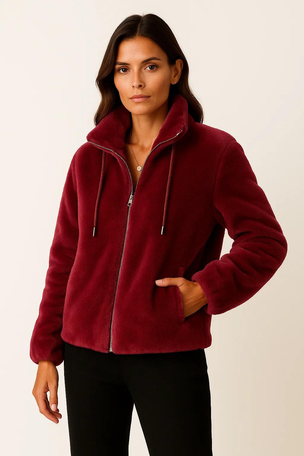 Winter Jacket Women Khaki Soft Teddy Material Casual Long Sleeves With Zipper 5