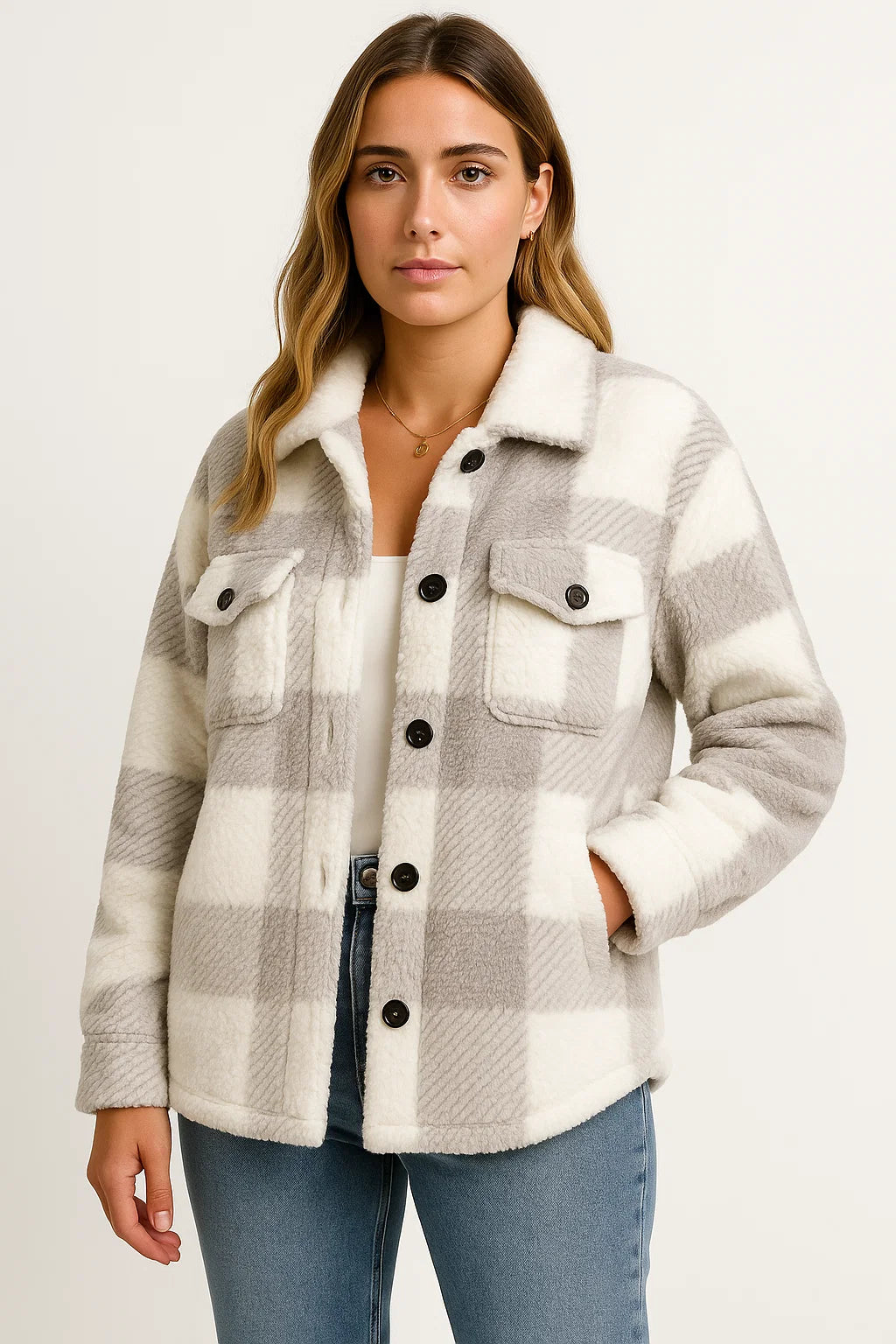 Elegant Women's Plaid Jacket, Dark Blue Wool, Long Sleeve, Casual Outerwear for Fall and Winter 1