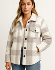 Elegant Women's Plaid Jacket, Dark Blue Wool, Long Sleeve, Casual Outerwear for Fall and Winter 1