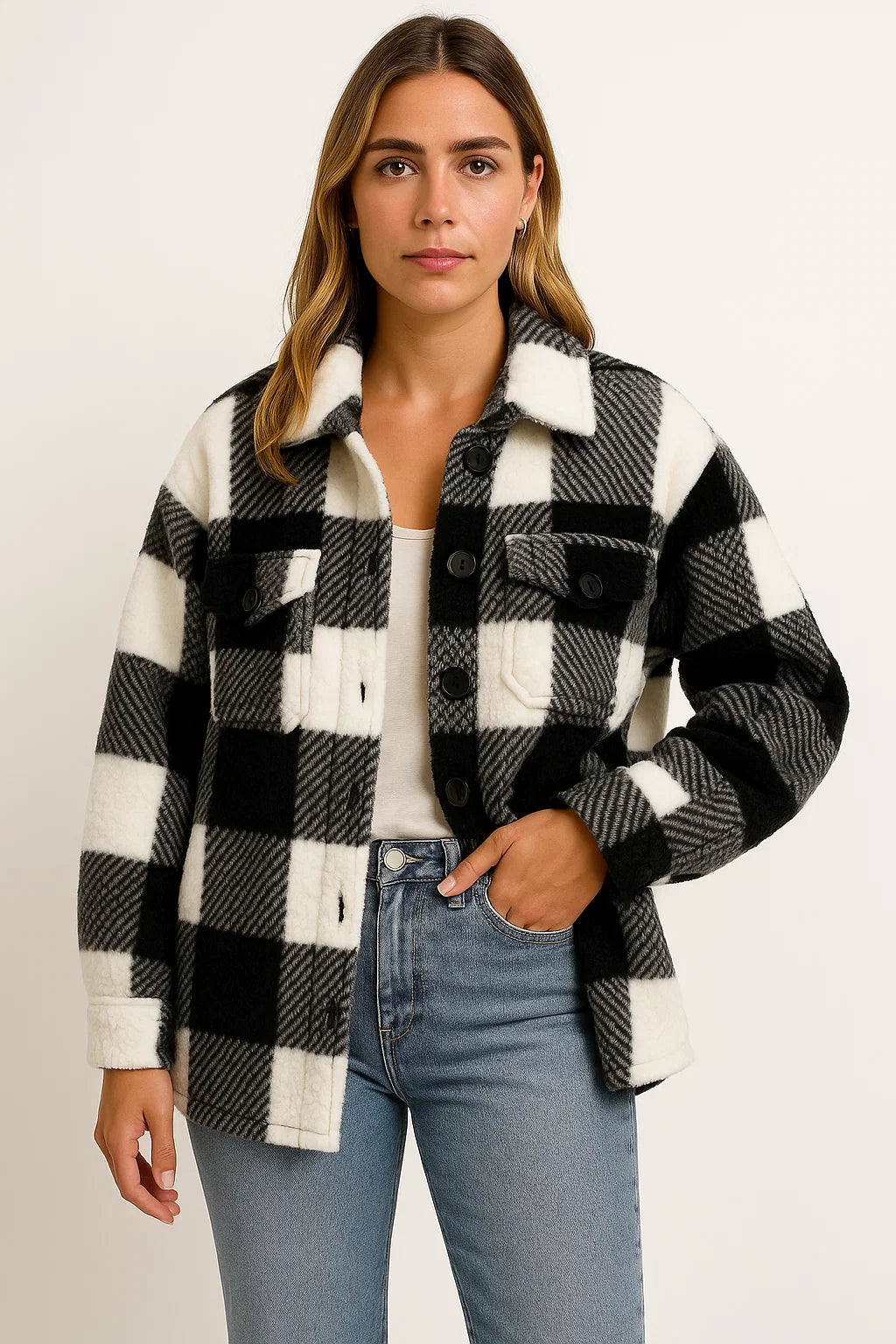 Elegant Women's Plaid Jacket, Dark Blue Wool, Long Sleeve, Casual Outerwear for Fall and Winter 2