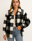 Elegant Women's Plaid Jacket, Dark Blue Wool, Long Sleeve, Casual Outerwear for Fall and Winter 2