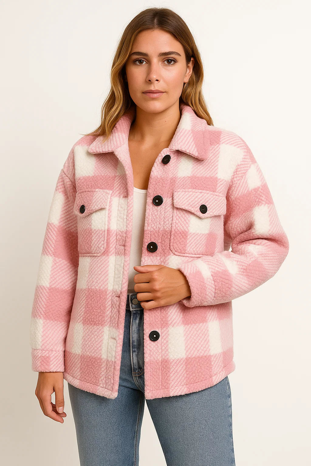 Elegant Women's Plaid Jacket, Dark Blue Wool, Long Sleeve, Casual Outerwear for Fall and Winter 3