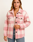 Elegant Women's Plaid Jacket, Dark Blue Wool, Long Sleeve, Casual Outerwear for Fall and Winter 3