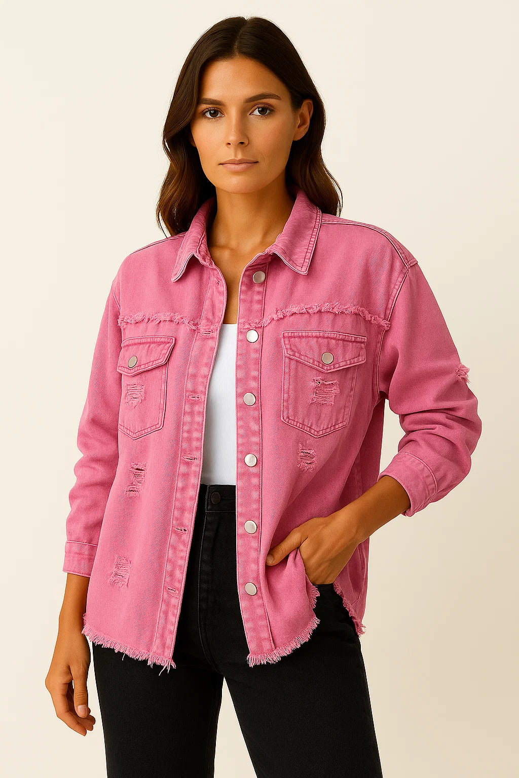 Womens Oversized Denim Jacket Casual Vintage Look with Chest Pockets 1