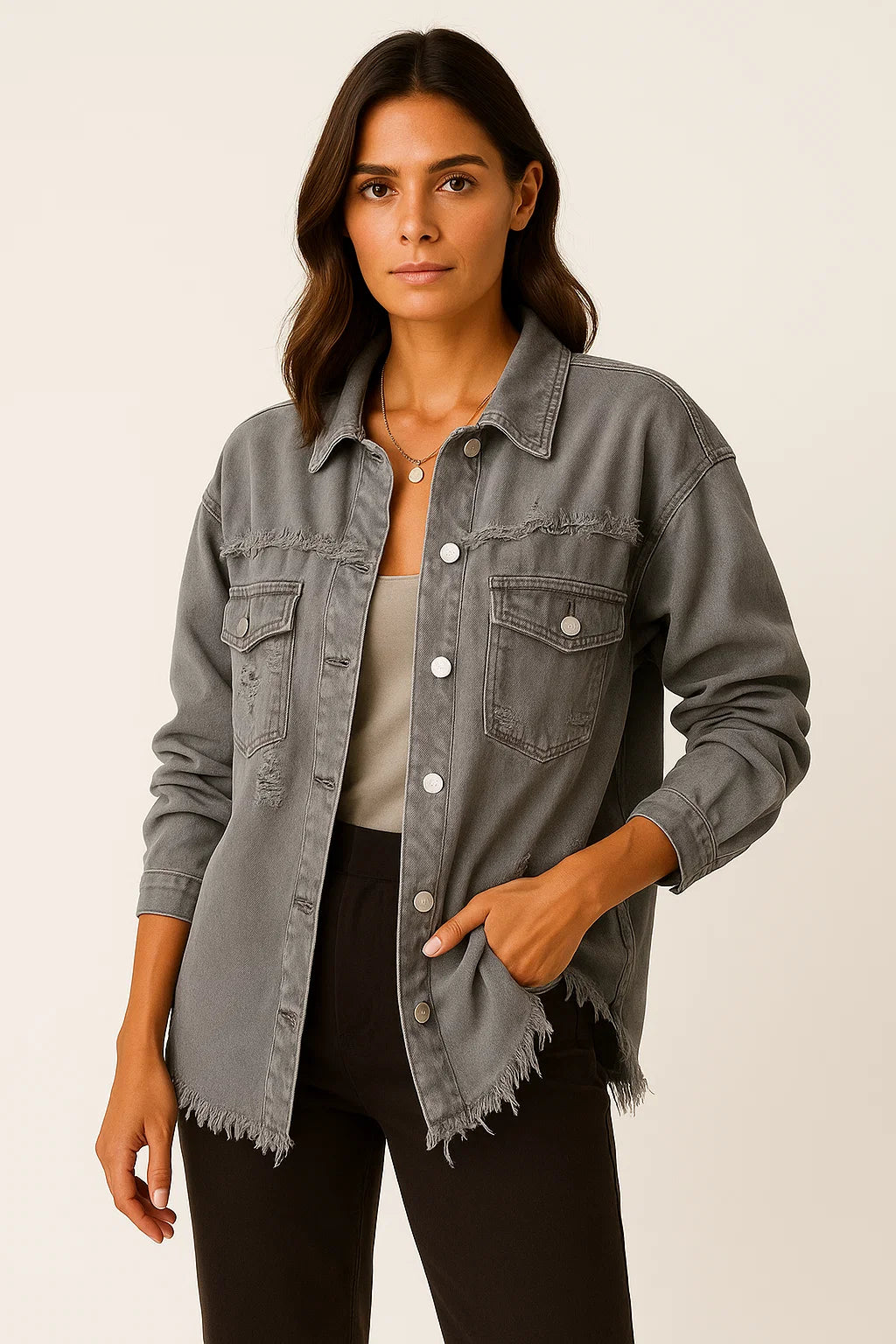 Womens Oversized Denim Jacket Casual Vintage Look with Chest Pockets 3