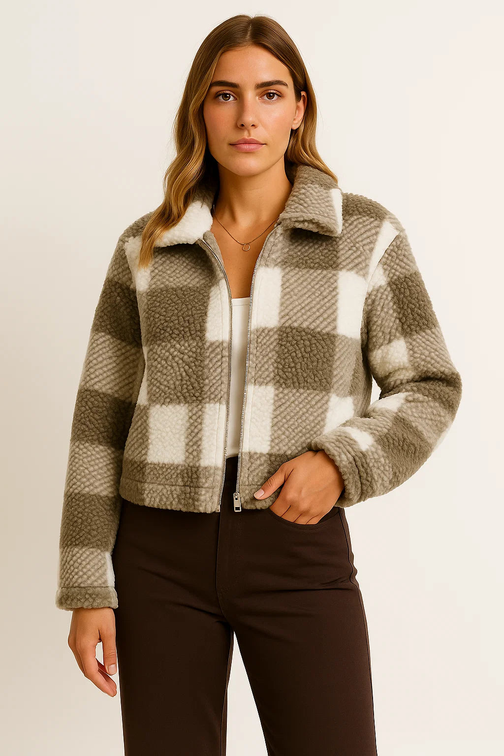 Womens Teddy Jacket Checkered Beige Soft Material Comfortable Zipper Long Sleeve Design 1