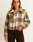 Womens Teddy Jacket Checkered Beige Soft Material Comfortable Zipper Long Sleeve Design 1