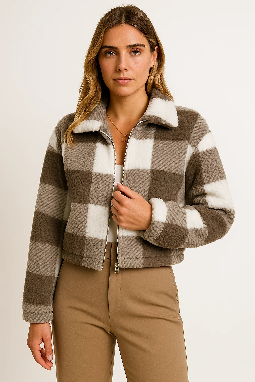 Womens Teddy Jacket Checkered Beige Soft Material Comfortable Zipper Long Sleeve Design 2