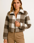 Womens Teddy Jacket Checkered Beige Soft Material Comfortable Zipper Long Sleeve Design 2