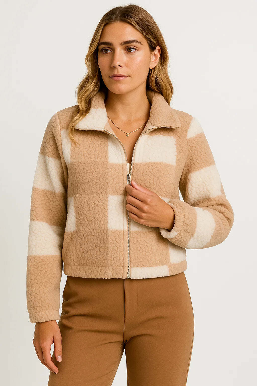 Womens Teddy Jacket Checkered Beige Soft Material Comfortable Zipper Long Sleeve Design 3