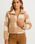 Womens Teddy Jacket Checkered Beige Soft Material Comfortable Zipper Long Sleeve Design 3