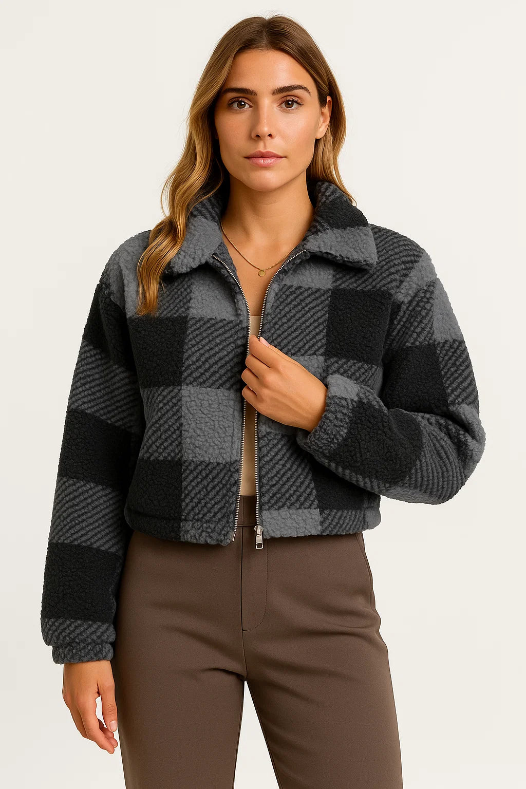 Womens Teddy Jacket Checkered Beige Soft Material Comfortable Zipper Long Sleeve Design 4