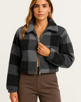 Womens Teddy Jacket Checkered Beige Soft Material Comfortable Zipper Long Sleeve Design 4