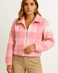 Womens Teddy Jacket Checkered Beige Soft Material Comfortable Zipper Long Sleeve Design 5