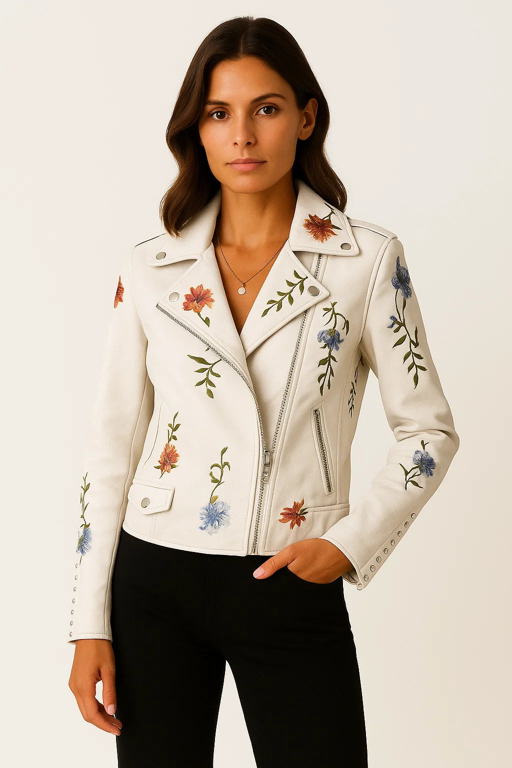 Womens Leather Jacket Black Faux Leather Form-fitting With Embroidered Details Elegant Cut 1
