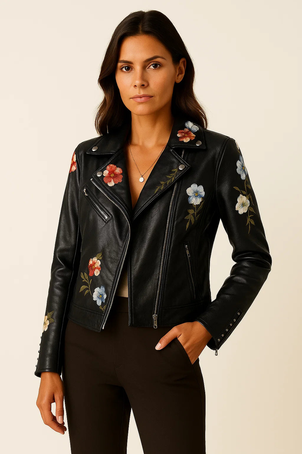 Womens Leather Jacket Black Faux Leather Form-fitting With Embroidered Details Elegant Cut 3