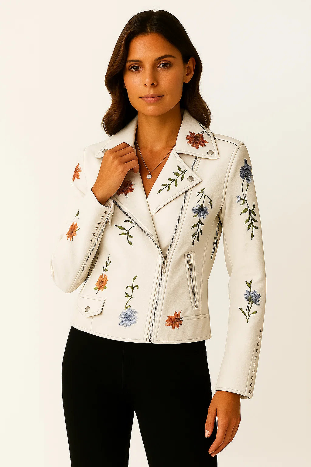 Womens Leather Jacket Black Faux Leather Form-fitting With Embroidered Details Elegant Cut 2