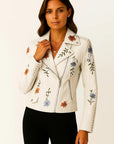 Womens Leather Jacket Black Faux Leather Form-fitting With Embroidered Details Elegant Cut 2