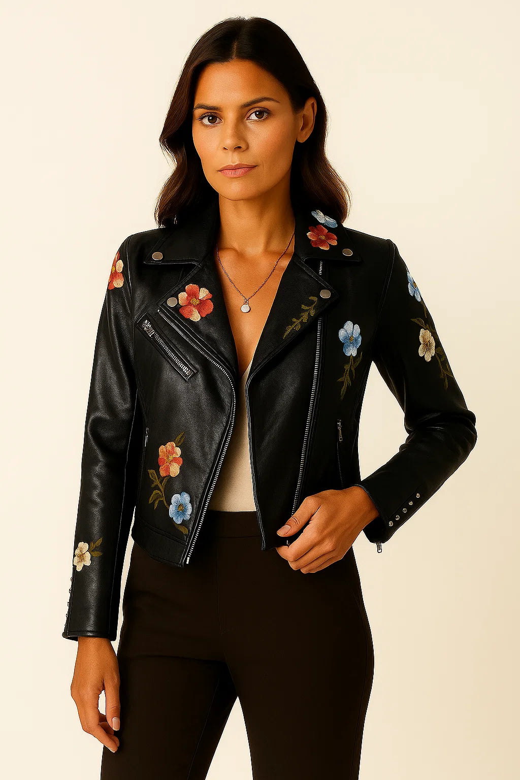 Womens Leather Jacket Black Faux Leather Form-fitting With Embroidered Details Elegant Cut 4