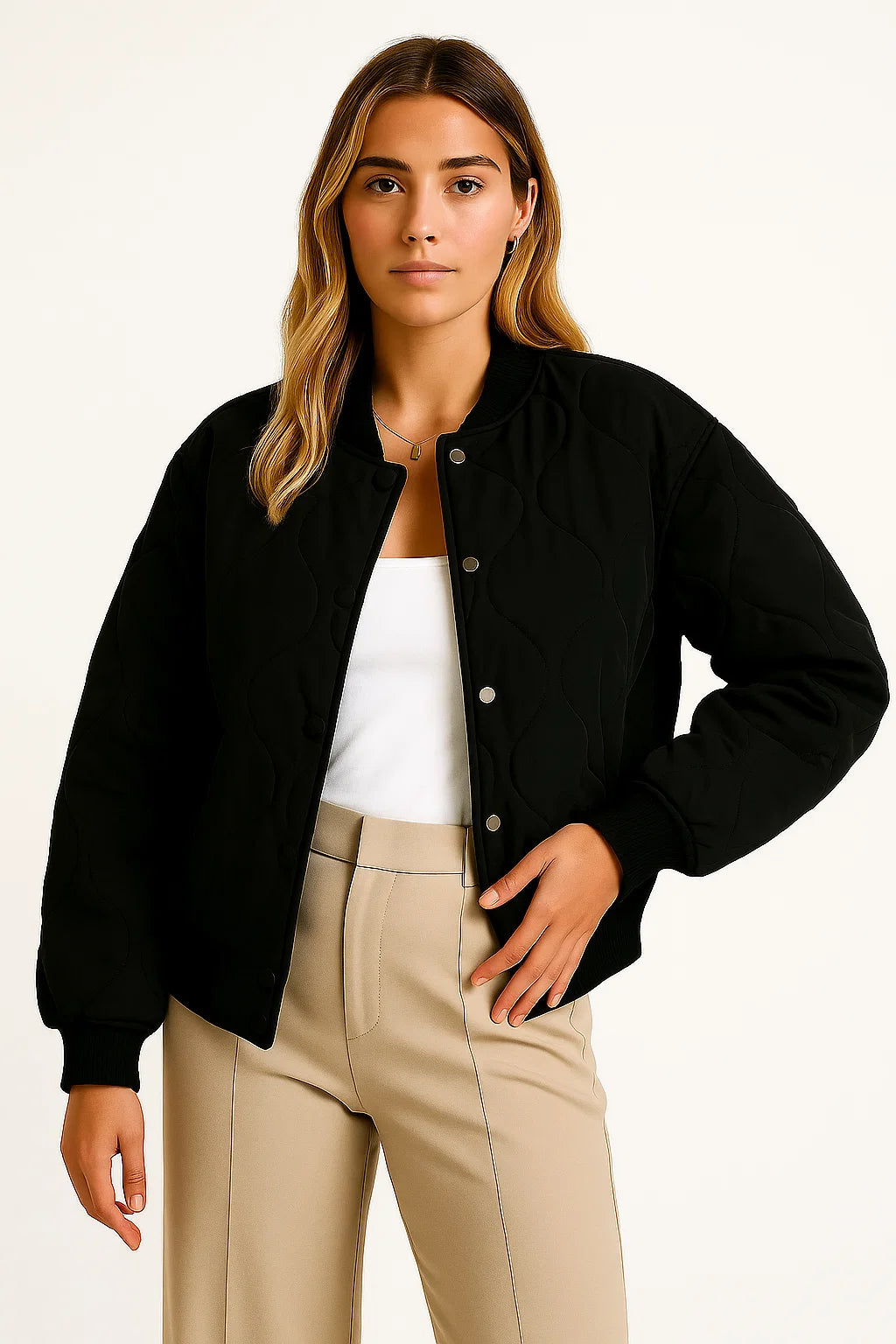 Womens Bomber Jacket Black Cotton Casual Comfortable Design With Side Pockets 3