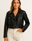 Womens Jacket Oversized Black PU Leather Retro Biker With Belt Casual Fit 1