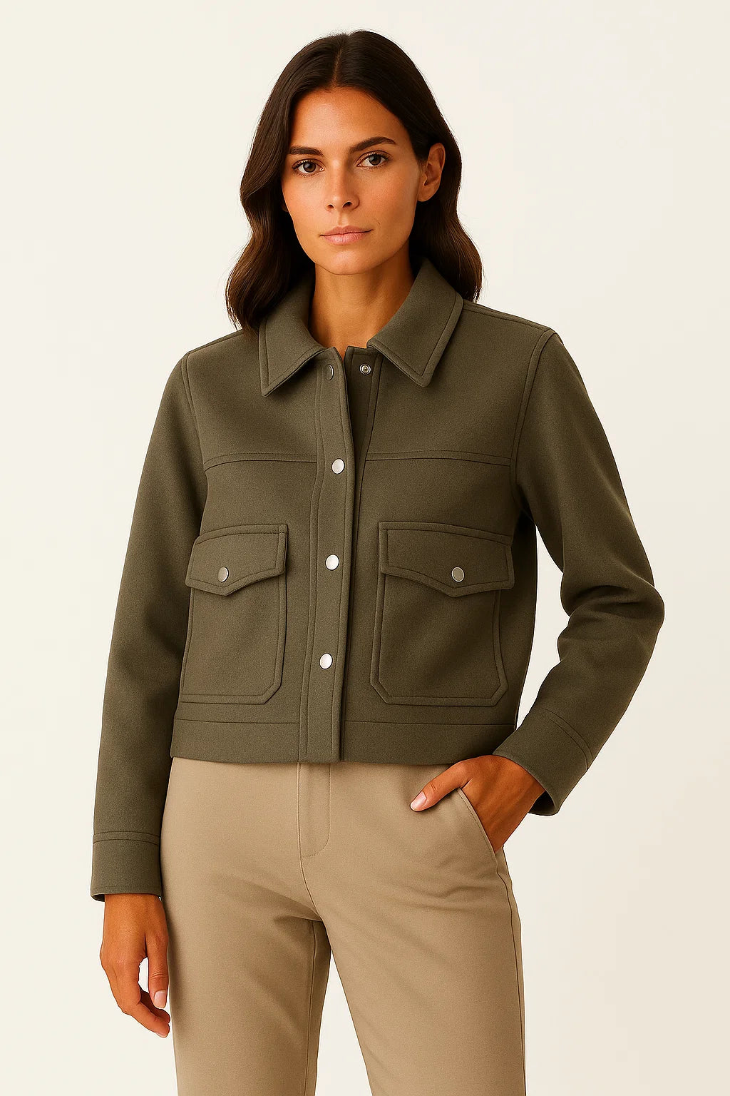 Womens Jacket Dark Blue Polyester Elegant Long Sleeve Buttons Pockets Loose Fit 4