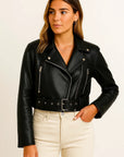 Womens Jacket Oversized Black PU Leather Retro Biker With Belt Casual Fit 2