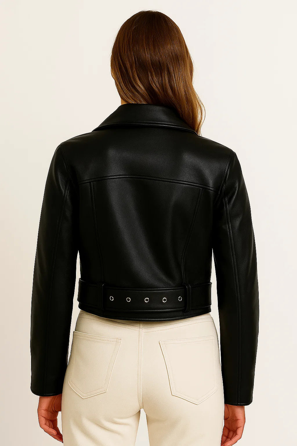 Womens Jacket Oversized Black PU Leather Retro Biker With Belt Casual Fit 3