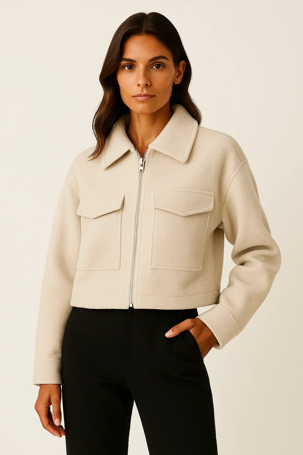 Womens Jacket Grey Vintage Long Sleeve With Pockets Zipper Elegant Collar Soft Fabric 1