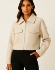 Womens Jacket Grey Vintage Long Sleeve With Pockets Zipper Elegant Collar Soft Fabric 1