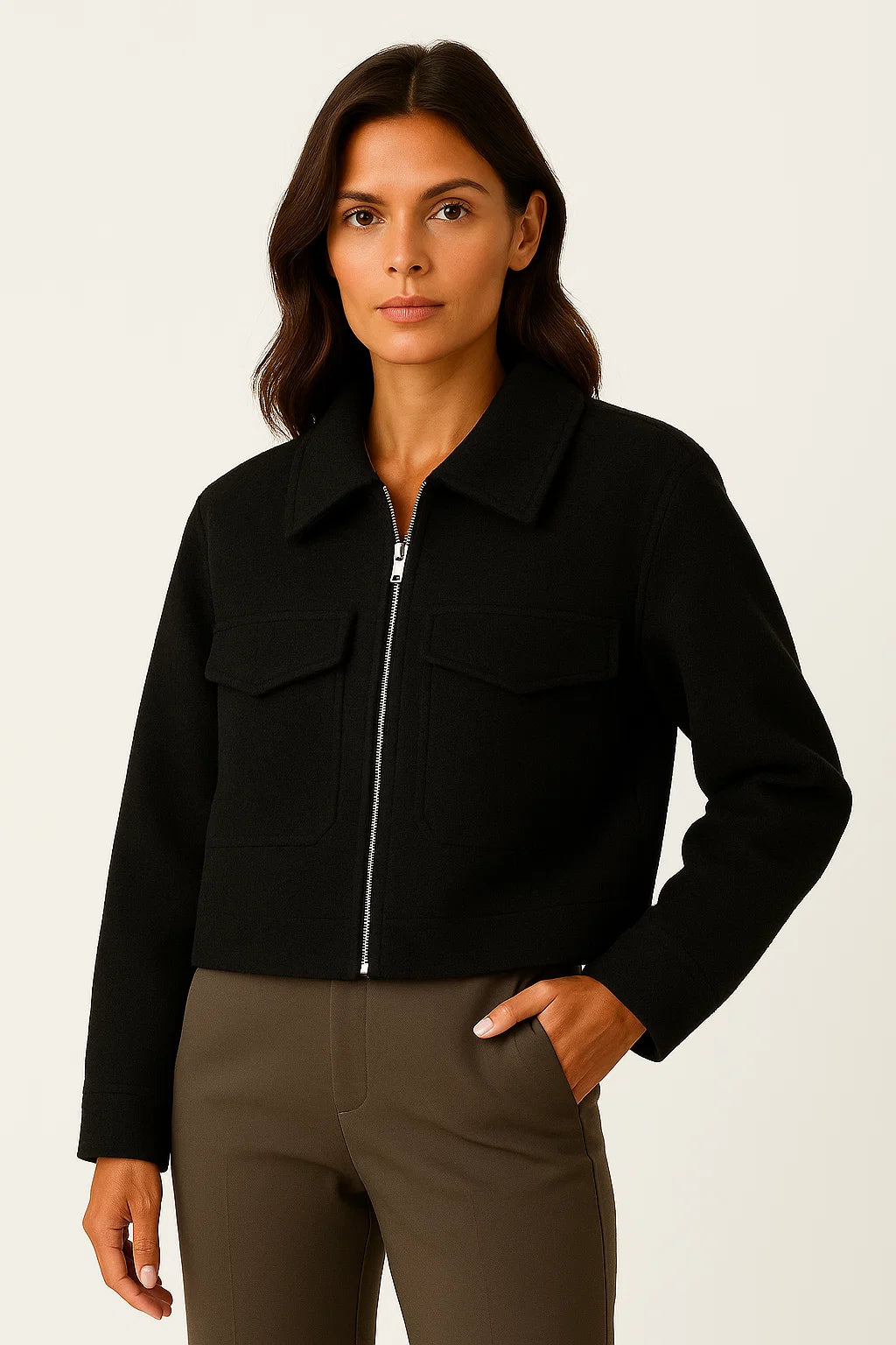 Womens Jacket Grey Vintage Long Sleeve With Pockets Zipper Elegant Collar Soft Fabric 2