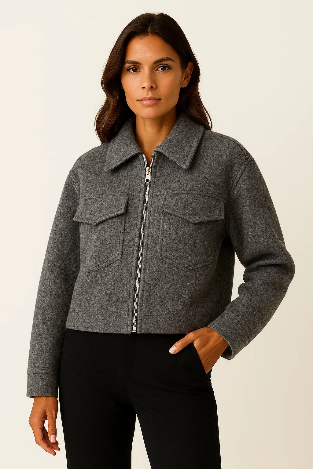 Womens Jacket Grey Vintage Long Sleeve With Pockets Zipper Elegant Collar Soft Fabric 6