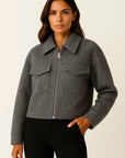 Womens Jacket Grey Vintage Long Sleeve With Pockets Zipper Elegant Collar Soft Fabric 6