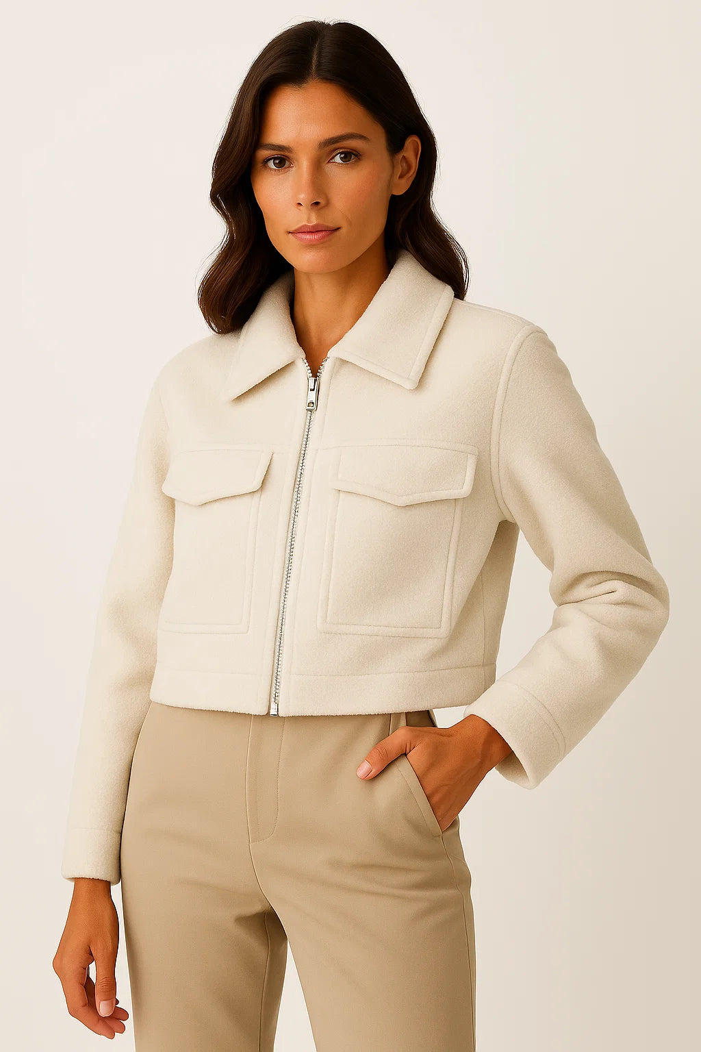 Womens Jacket Grey Vintage Long Sleeve With Pockets Zipper Elegant Collar Soft Fabric 3