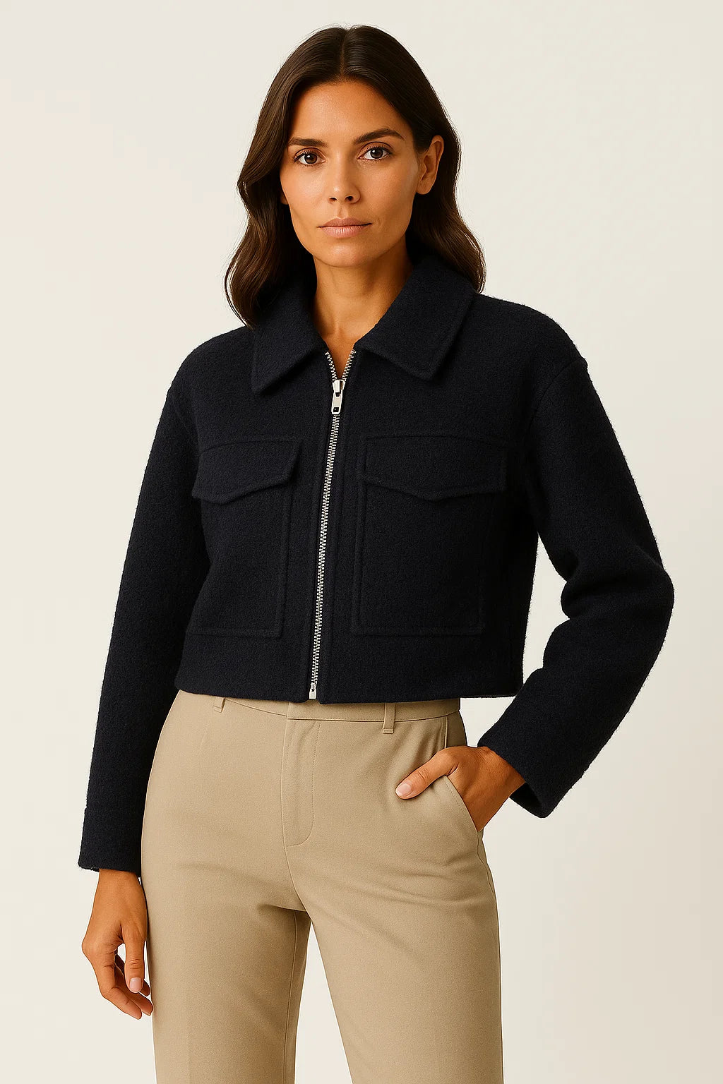 Womens Jacket Grey Vintage Long Sleeve With Pockets Zipper Elegant Collar Soft Fabric 4