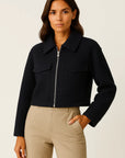 Womens Jacket Grey Vintage Long Sleeve With Pockets Zipper Elegant Collar Soft Fabric 4